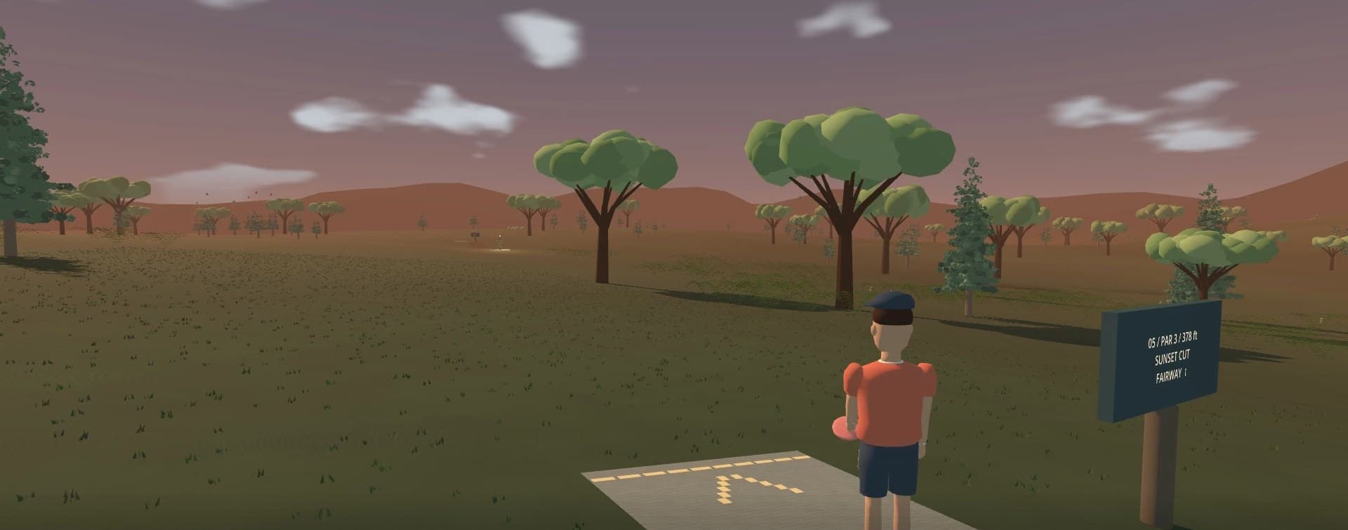 A player lining up a disc golf throw on a low-poly course at sunset